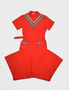 Vintage 70s Jumpsuit Womens S Red Rainbow Striped Wide Leg Polyester Mod Hippy - Picture 1 of 11
