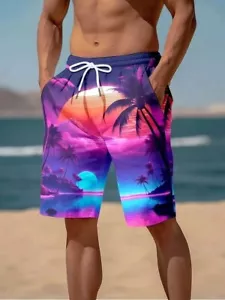 Mens 3D Palm Tree Beach Shorts Hawaiian Tropical Summer Quick Dry Swim Trunks - Picture 1 of 18