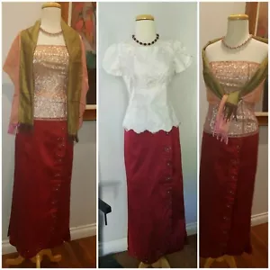 Khmer Traditional White/Pink Multi Lace Blouse & Red Skirt Pa'moung Size. S - Picture 1 of 10