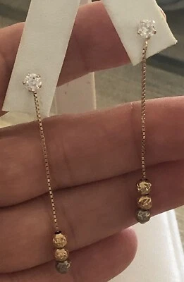 14k Yellow gold dangle earrings White Sapphires Length 2” With 3 Colors Balls - Image 1 of 4