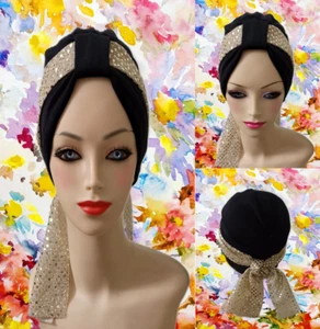 Hübsche schwarze Chemo Krebs Mütze Haarausfall. Baumwoll-Turban, mit ausgefallenem goldenem Schal - Bild 1 von 8