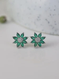 925 Sterling Silver FlowerLab Created Emerald Halo Stud Earrings - Picture 1 of 5