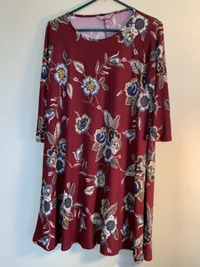 SJS Kleid Gr. S Langarm dehnbar A-Linie U-Ausschnitt dunkelrot Blumen Pullover - Bild 1 von 12