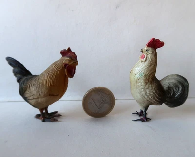 Celluloid Ancien Coq et Poule 6Cm Pieds Plombs La Ferme Rooster Hen 1900 - Photo 1/4