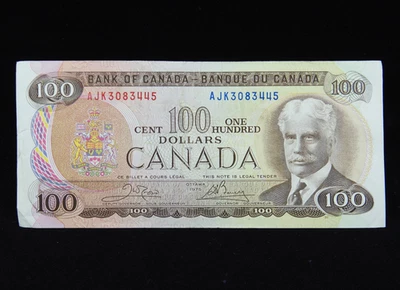 1975 $100 Dollar Bank of Canada Banknote AJK 3083445 Crow Bouey VF-EF Grade - Image 1 of 4