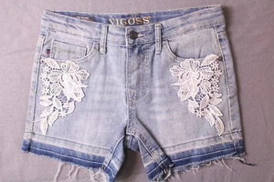 Vigoss The Malibu Cut Off Jean Shorts Girls Sz 14 Low Rise Lace Pocket Denim - Picture 1 of 10