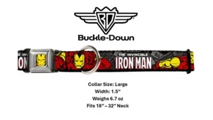 Buckle Down L  XL Seatbelt Dog Collar Iron Man Marvel Comics 1.5" x 18"-32" Neck - Picture 1 of 5
