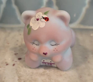 Fenton Girl Bear Figurine Red Ladybug Flower Laying w/Eyes Closed Signed Cutshaw - Picture 1 of 21