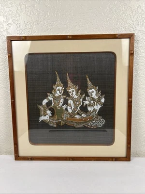 Kinnara Thai 3 Figures Playing Music  Silk Painting 14”x14” Framed Vintage - Image 1 of 4