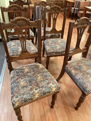 Antique solid oak Dutch set of 6 dining chairs with carved detail - Image 1 of 4