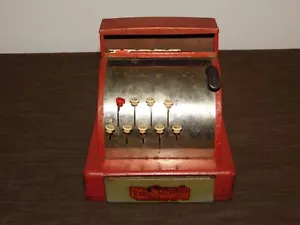 VINTAGE TOY 7 1/2" HIGH TOM THUMB RED METAL CASH REGISTER - Picture 1 of 11