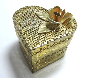 heart shaped Trinket box metal gold mesh with rose on top 1960's vintage - Picture 1 of 6