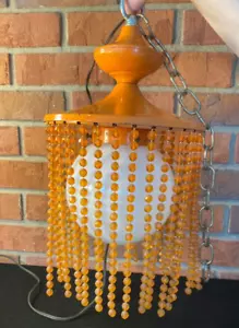 Vintage Retro Swag Hanging Ceiling Lamp Orange Beaded Fringe Glass Ball Metal - Picture 1 of 14