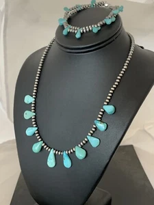 Blue Turquoise Navajo Pearls Sterling Silver Necklace & Bracelet 00516 - Imagen 1 de 12