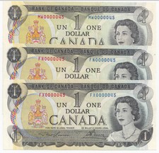 Lot of 3 X 1973 Bank of Canada $1's - All Serial Numbered 0000045