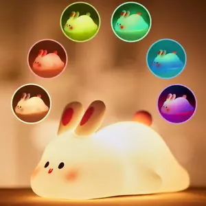 LED Night Light Cute Big Face Rabbit Night Light Kid Touch Sensor Timing USB Rec - Picture 1 of 12