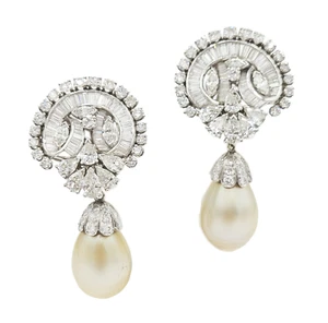 Platinum Pearl & Diamond Earrings - Picture 1 of 4