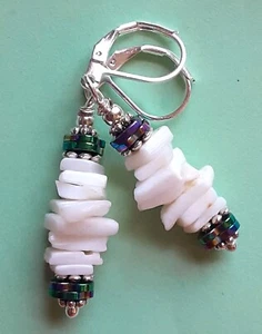 WHITE SHELL CHIPS rainbow Hematite earring SP LEVERBACK artisan XX - Picture 1 of 5