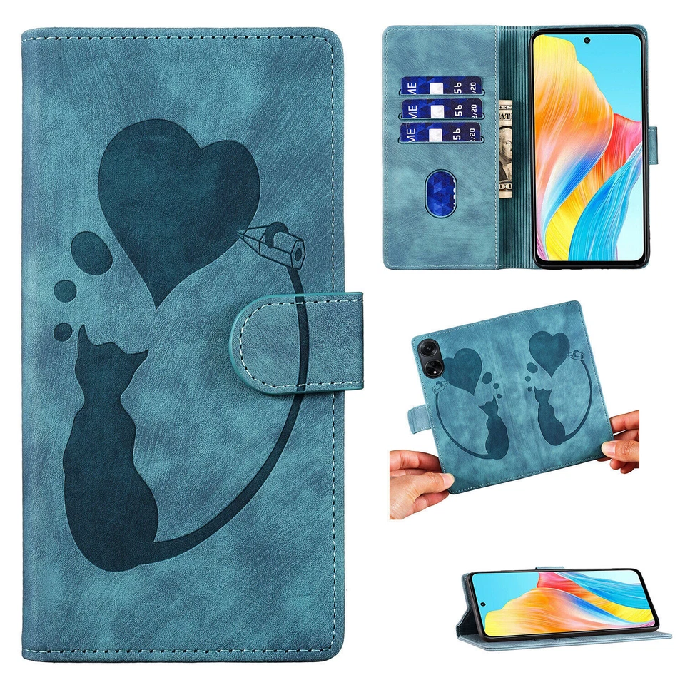 Love Cat Card Wallet Phone Case For Oppo A98 A58 A78 A17 A55 A53S A16 A98 A53S - Image 1 of 4