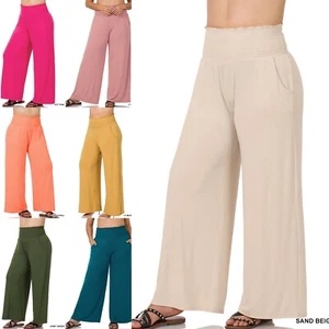 1X 2X 3X Women's Wide Leg Pants Smocked Waist Soft Rayon Blend Lounge Comfort - Picture 1 of 37