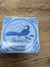L19th C blue Delft tile, inquisitive bird image, antique exc condition for age