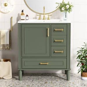 30" Bathroom Vanity with Ceramic Sink,Soft-Close Door w/Built-in Shelf & Drawers - Picture 1 of 20