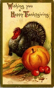 Wishing You a Happy Thanksgiving Turkey Pumpkin Postcard Repo Clapsaddle - Picture 1 of 2