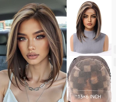 Medium Bob Highlight Brown Large Lace Front Cap Synthetic Hair Wigs Women Soft - Image 1 of 4