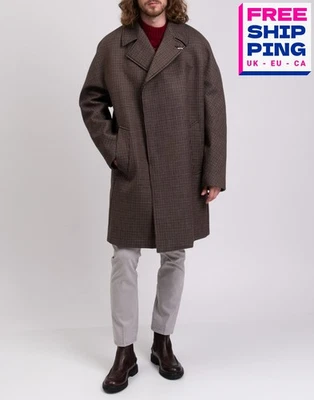 RRP€3295 DUNHILL Wool Coat IT56 US46 3XL Houndstooth Brown Lined Made in Italy - image 1 of 4