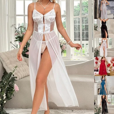 Sexy Damen Satin Nachtkleid Nachthemd Dessous Negligee Lang Babydoll Trägerkleid - Bild 1 von 4