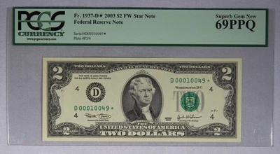 $2 Federal Reserve Note Fr. 1937-D* 2003 $2 FW Star Note PCGS 69PPQ - Image 1 of 3