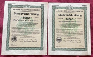Anleihe des Deutschen Reichs 1922 Germany Berlin 2 pcs. 5000 and 20000 Mark - Picture 1 of 3