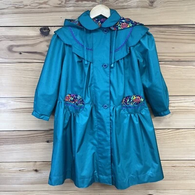 Rothschild Coat Girls 6X Green Purple Floral Lining Hooded Tailored Vintage B8 - Image 1 of 4