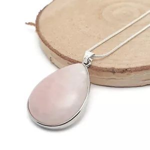 Necklace Large Rose Quartz Crystal Pendant Teardrop Gemstone Silver Plated Chain - Picture 1 of 51