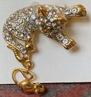 Jewelry Crystal Covered Cat Pin Brooch With Green Crystal Eyes Gold Tone Feet