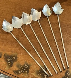 6 Mexican Sterling Silver Leaf Stirring Sticks Straws Spoons Mint Julep Ice Tea - Picture 1 of 6