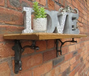 SOLID OAK WOOD HANDMADE SHELVES rustic Shelf cast iron shelf brackets - Picture 1 of 7