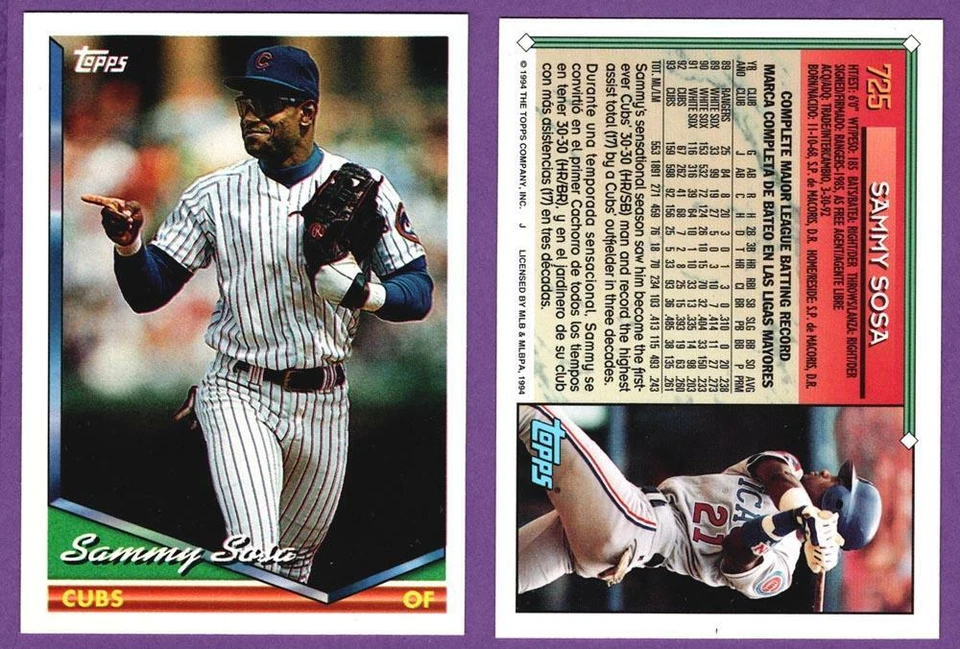 Sammy Sosa Chicago Cubs 1994 Topps Bilingual Spanish Baseball #725 RARE - Image 1 of 1