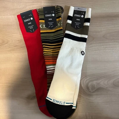 Stance Casual Crew Socks 3 Pack Red Striped White Black Size L - Image 1 of 4