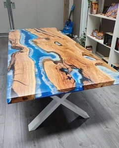 Blue Epoxy Resin River Table Top | Live Edge Wood Desk | Handmade Dining Top - Picture 1 of 12