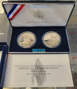 2000 Leif Ericson Millennium Commem Proof Silver 2 Coin Set. - Picture 1 of 6