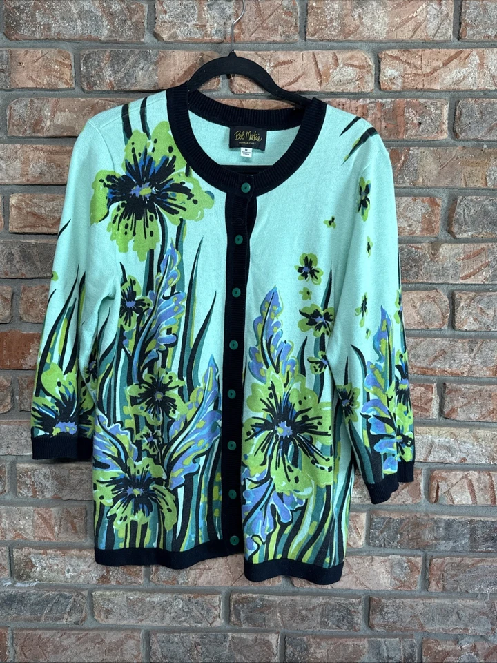 Cárdigan Suéter Vintage Para Mujer Talla Med BOB MACKIE Usable Arte Estampado Floral Foto 1 de 4