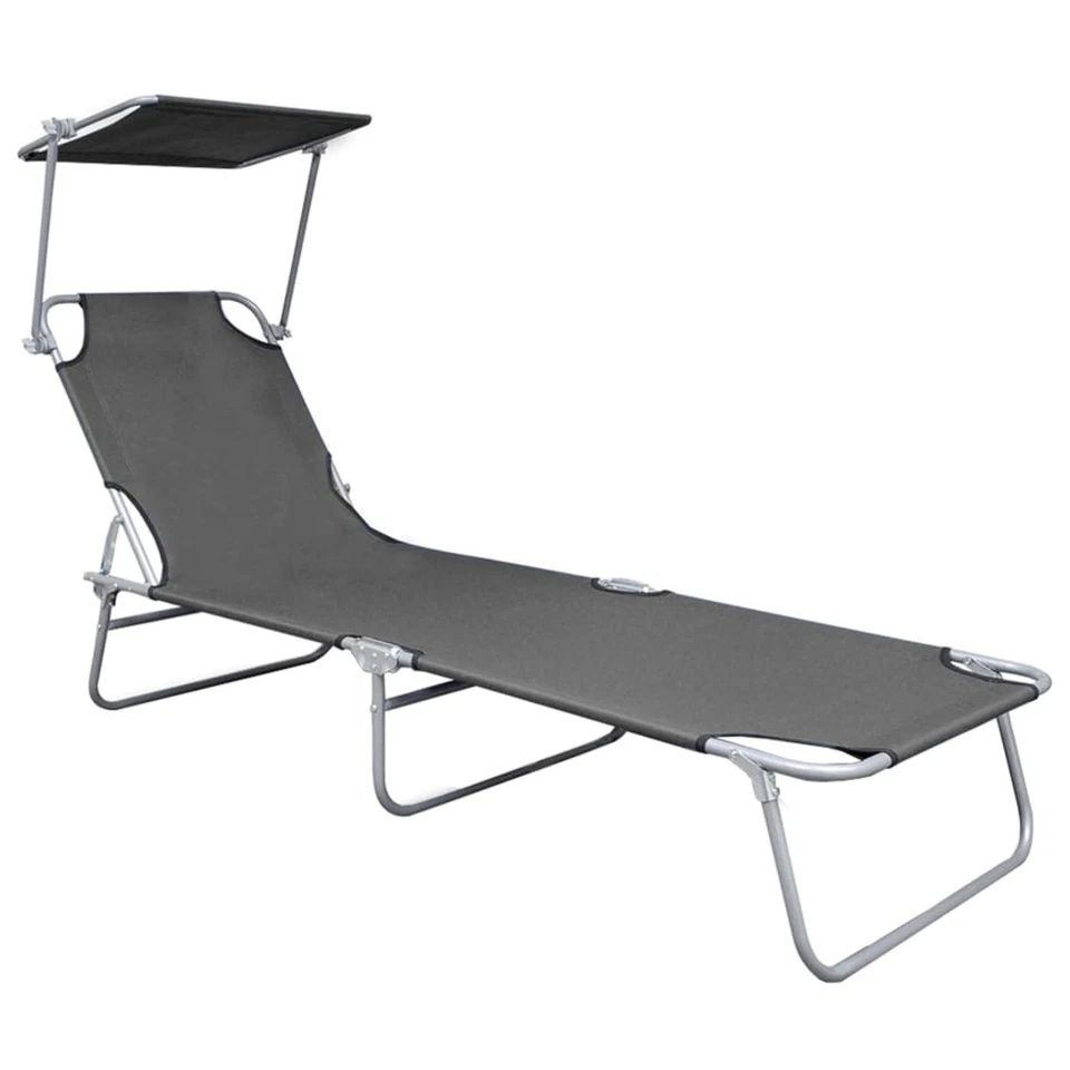 vidaXL Folding Sun Lounger With Canopy Grey Aluminium 47772
