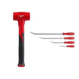 Milwaukee Dead Blow Hammer 28-Oz Head, Anti-Slip Comfort Grip Red W/ Pry Bar Set - Picture 1 of 5