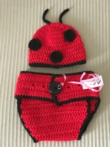 Handmade Crocheted Hat & Diaper Cover Set ~ Lady Bug ~ 3-6 Months ~ Photo Prop - Picture 1 of 9