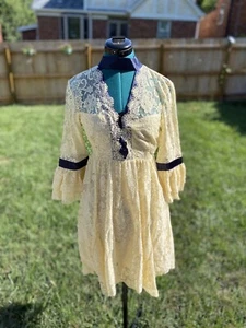 Free People XS Lace Stunning Dress With Satin Trim In Navy. Very Boho - Picture 1 of 10