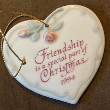 VTG 1994 HEART Shaped Roses Porcelain 3" Ornament "Friendship is ... Christmas"