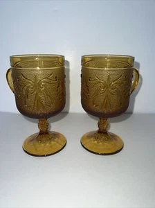 Vintage Tiara Indiana Sandwich Glass Amber Goblets Mugs Footed Handled Set of 2 - Picture 1 of 3