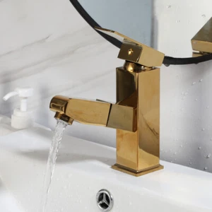 Grifo mezclador de lavabo montado en cubierta de un solo orificio para grifo de lavabo extraíble dorado de EE. UU. - Imagen 1 de 12