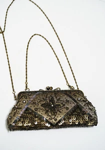 Vintage-Inspired Beaded Evening Bag – Bronze Floral Embroidery & Sequins, Chain - Picture 1 of 4